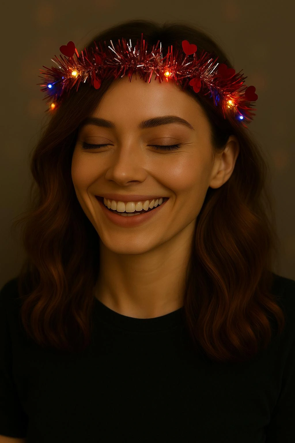 Kalp Püsküllü Gece Parıltısı 3 Modlu Led'li Işıklı Taç Kırmızı Renk