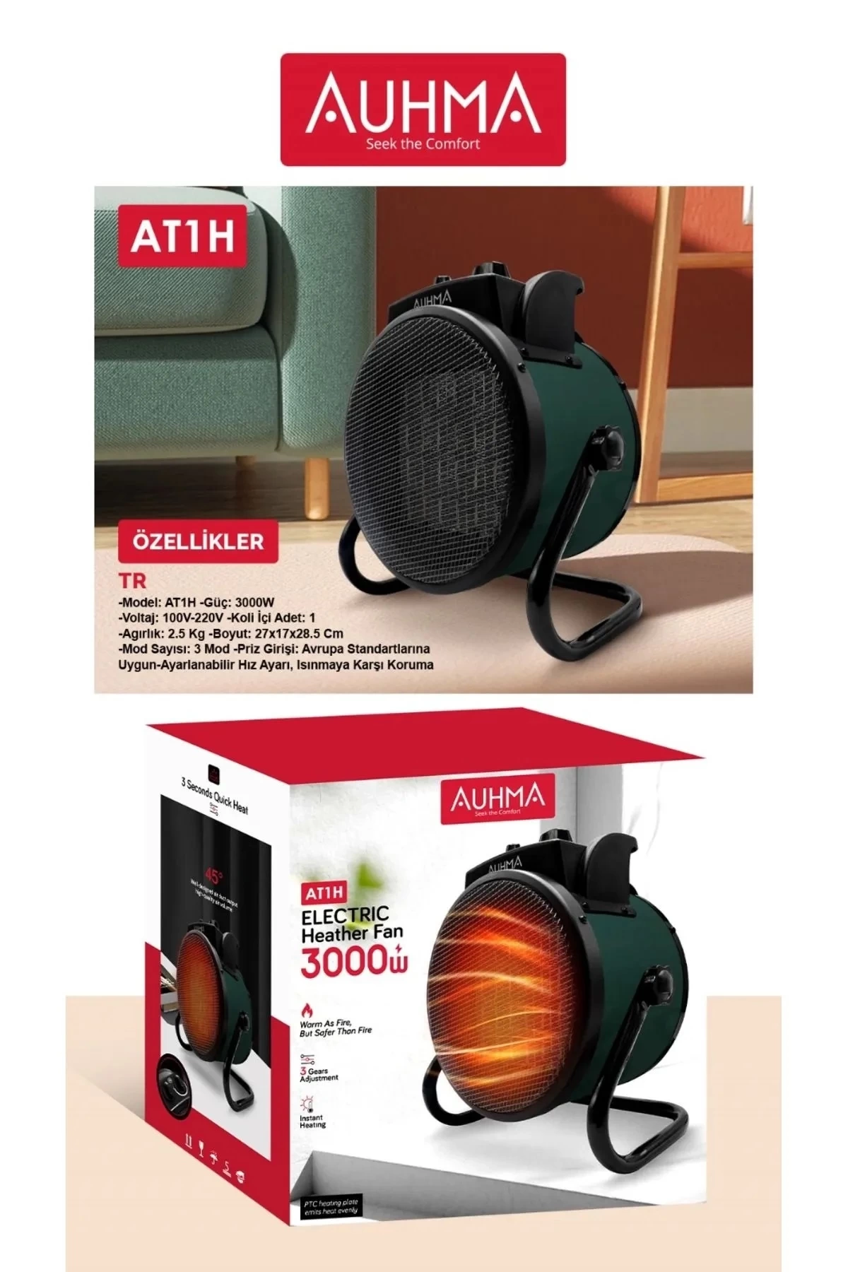 Ultra Güçlü 3000 Watt Taşınabilir Elektrikli Portatif Isıtıcı Soba Sıcak Hava Üfleyen Fan Radyatör