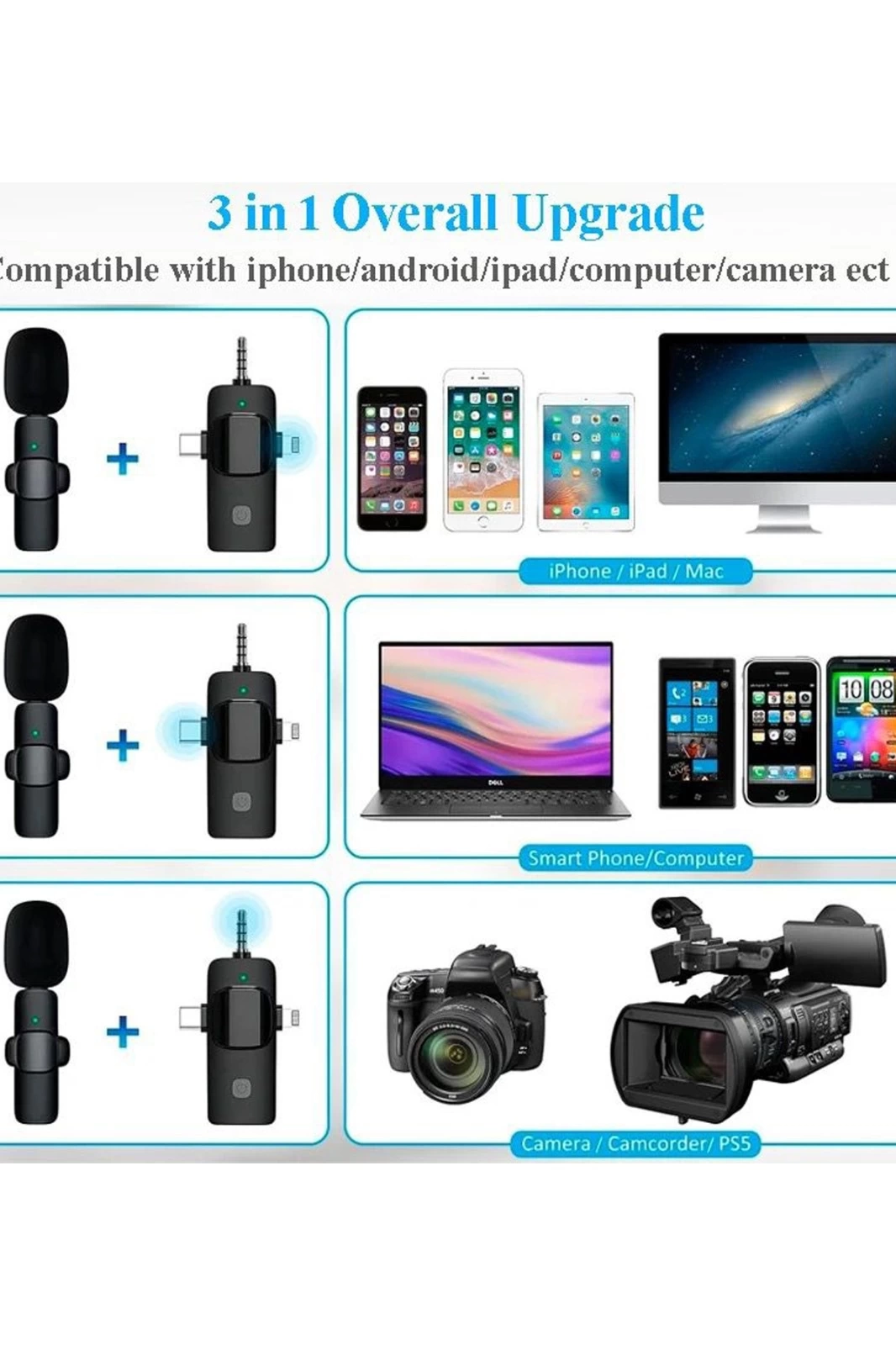 Yüksek Kalite Profesyonel 3 In 1 Kablosuz Taşınabilir Yaka Mikrofonu Youtube Facebook Tiktok