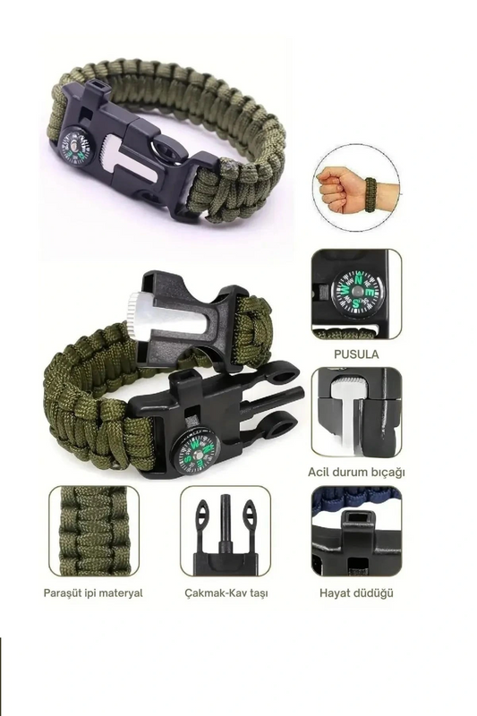 Düdük Çakı Pusula Çakmaktaşı Paraşüt İpi Hayatta Kalma Bilekliği