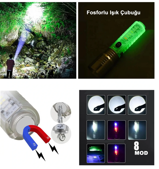 El Feneri 8 Mod Şarjlı Fosforlu Mıknatıslı Led El Feneri