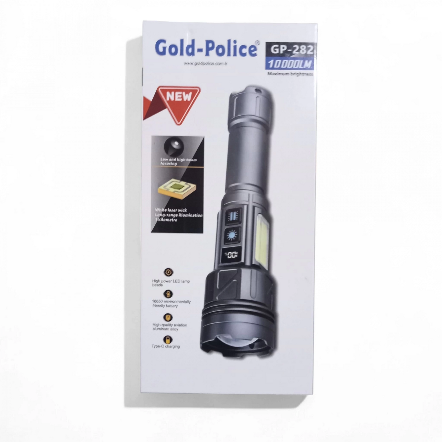 Gold-police Gp-282 Uzun Menzilli Güçlü Şarjlı 10000 Lümen El Feneri 11 Mod Çakar Işıklı Kırmızı-mavi-yeşil Led