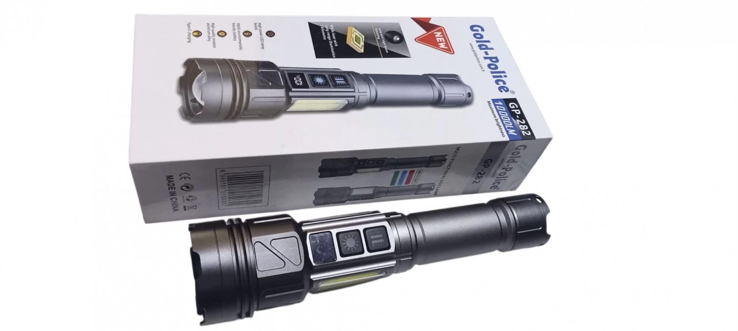 Gold-police Gp-282 Uzun Menzilli Güçlü Şarjlı 10000 Lümen El Feneri 11 Mod Çakar Işıklı Kırmızı-mavi-yeşil Led