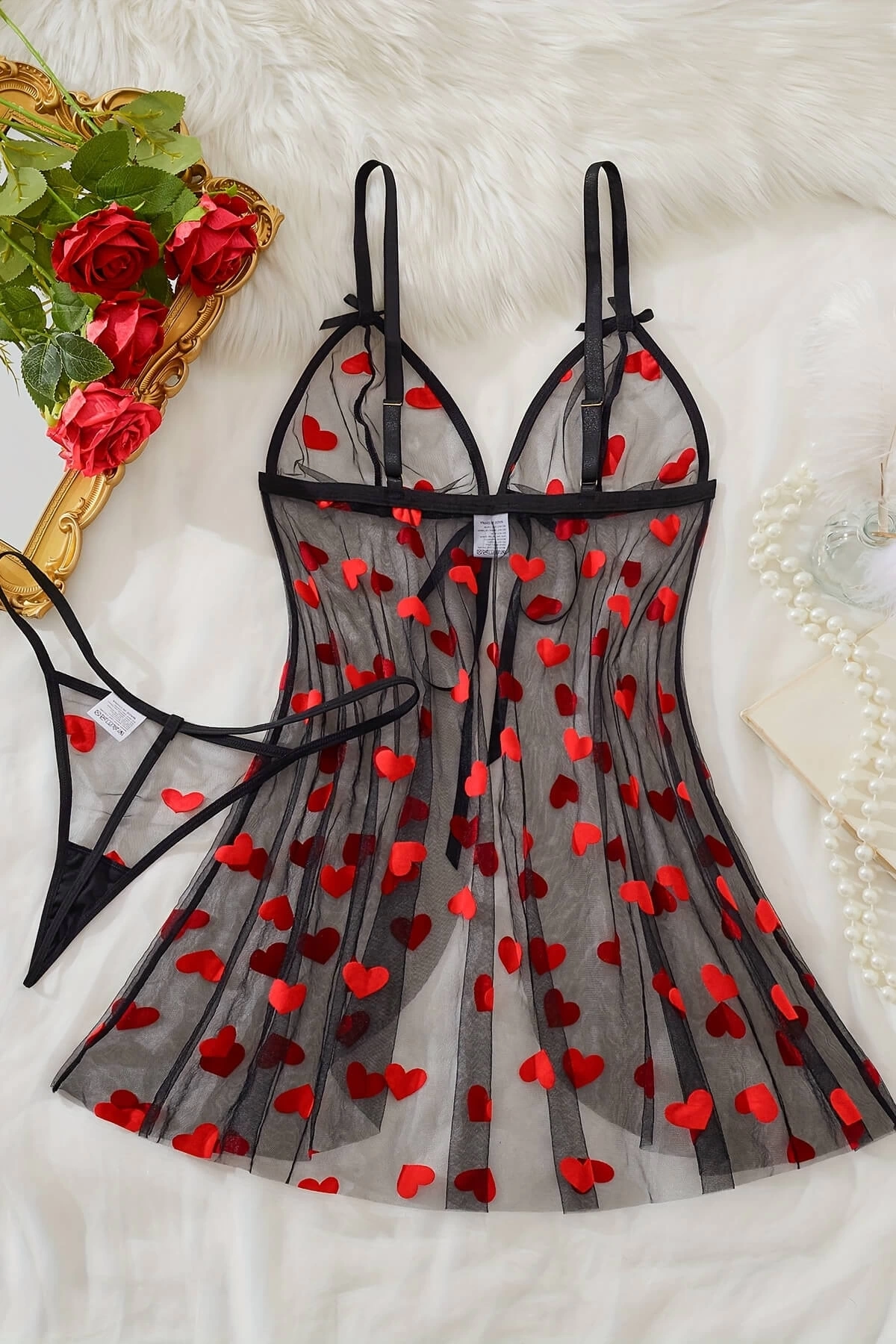 Kalp Desenli Siyah Transparan Gecelik Tm1378