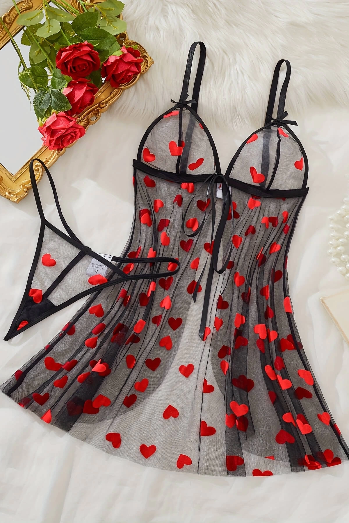 Kalp Desenli Siyah Transparan Gecelik Tm1378