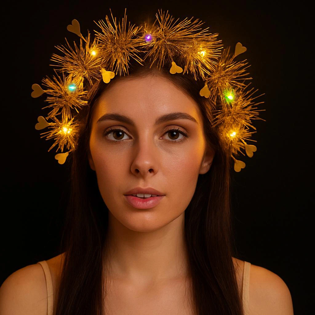 Kalp Püsküllü Gece Parıltısı 3 Modlu Led&amp;#39;li Işıklı Taç Altın Renk