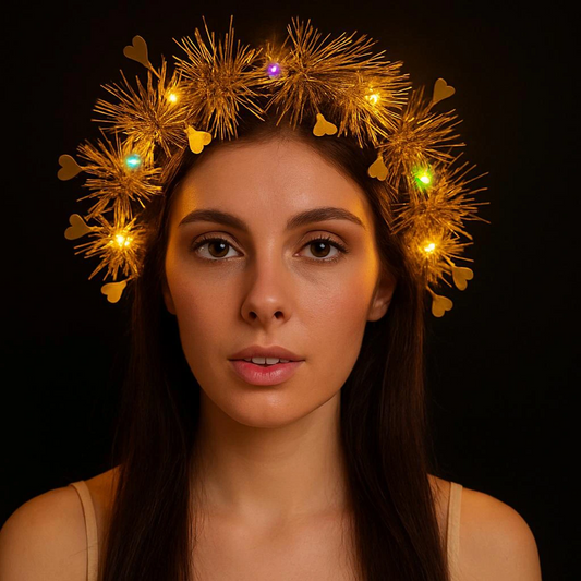 Kalp Püsküllü Gece Parıltısı 3 Modlu Led&amp;#39;li Işıklı Taç Altın Renk