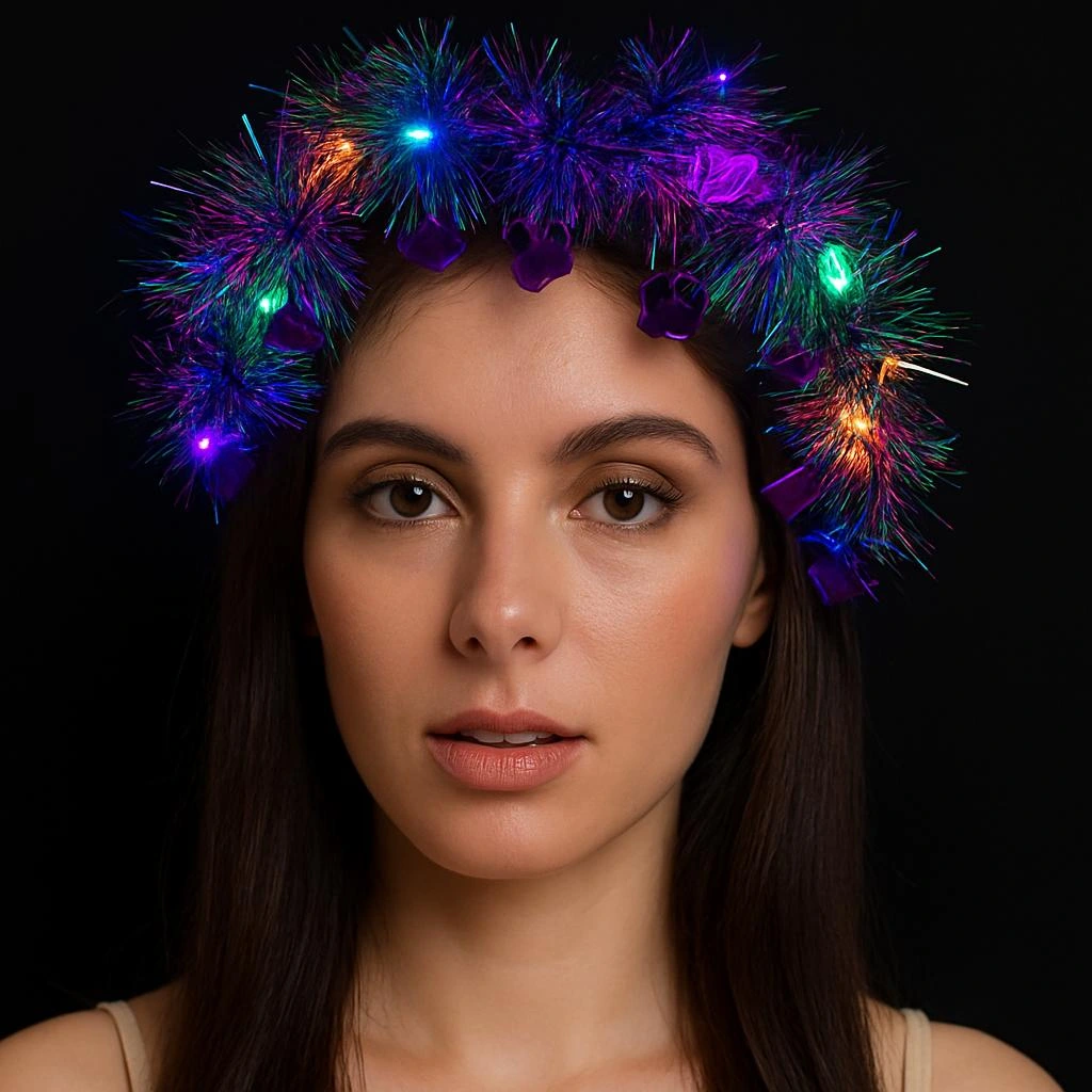 Kalp Püsküllü Gece Parıltısı 3 Modlu Led&amp;#39;li Işıklı Taç Mor Renk