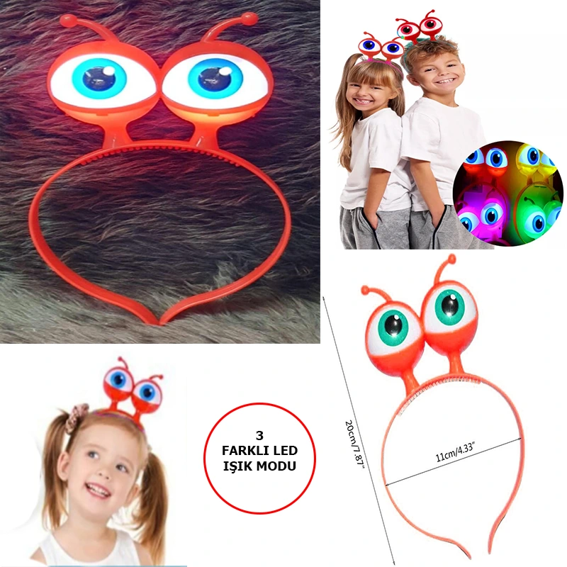 Led Işıklı &amp; Pilli 3 Farklı Modda Yanan Uzaylı Göz Parti Tacı Kırmızı Renk 18x12 Cm