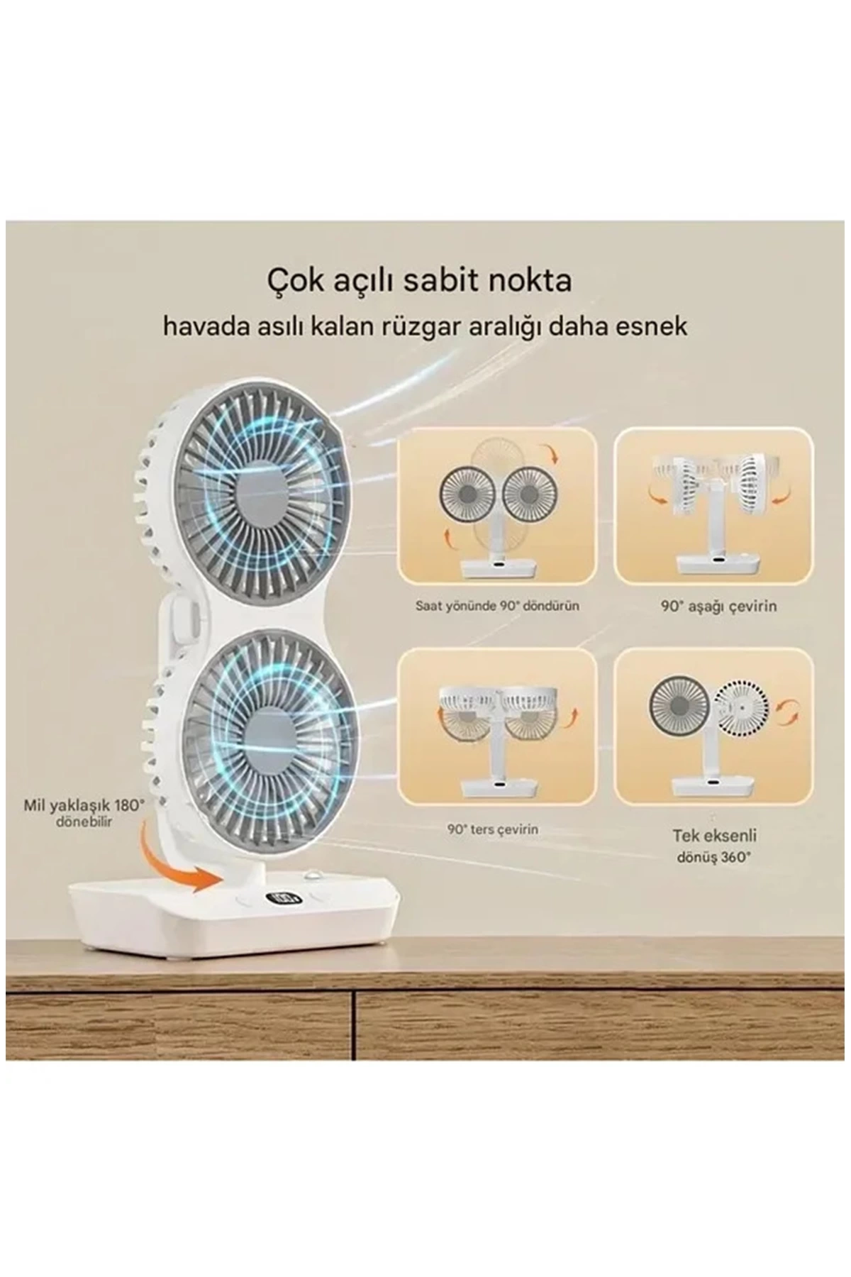 Masaüstü Dijital Ekranlı Çift Fanlı Led Işıklı Soğutucu Fan Ev Ofis Şarjlı Vantilatör