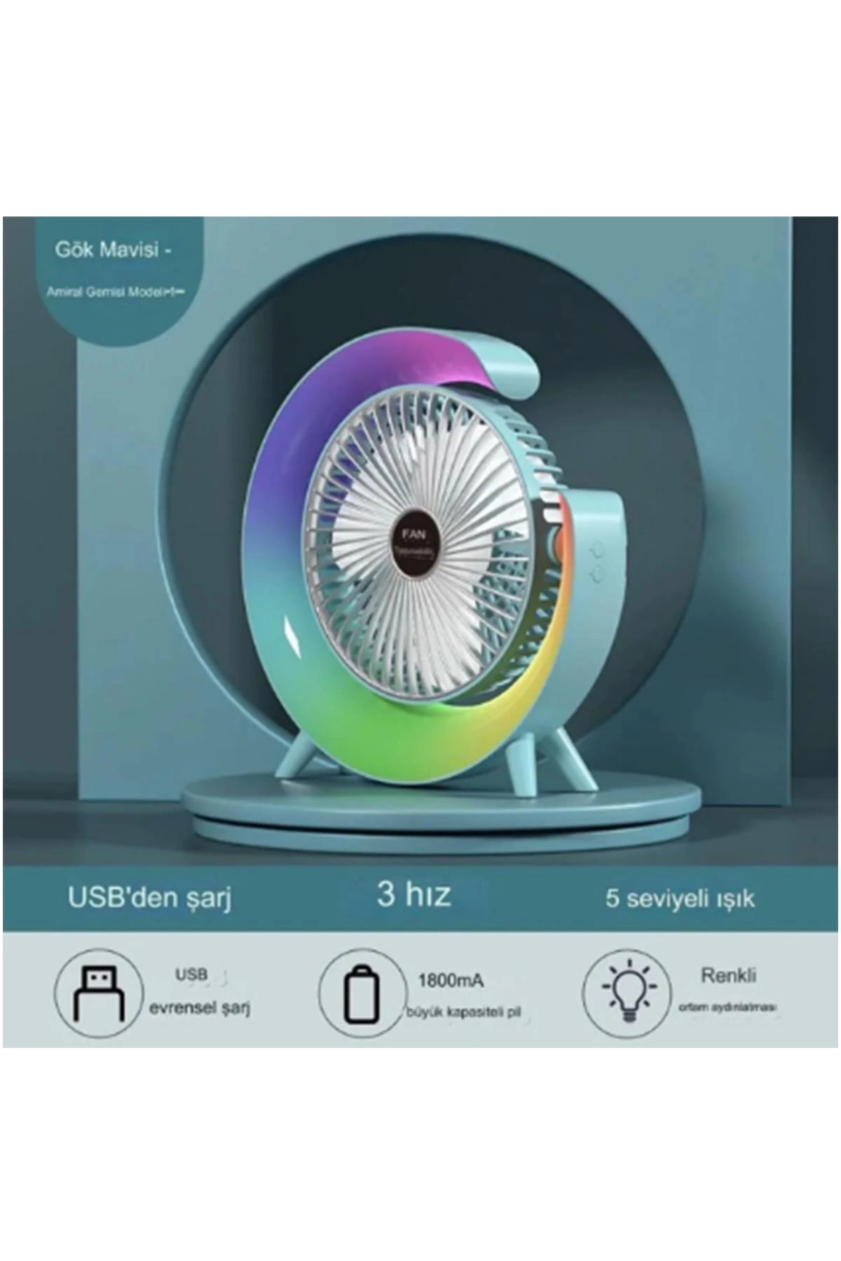 Masaüstü Vantilatör Usb Şarjlı Rgb Led Işıklı 3 Kademeli 180° Ayarlanabilir Soğutucu Fan Mavi