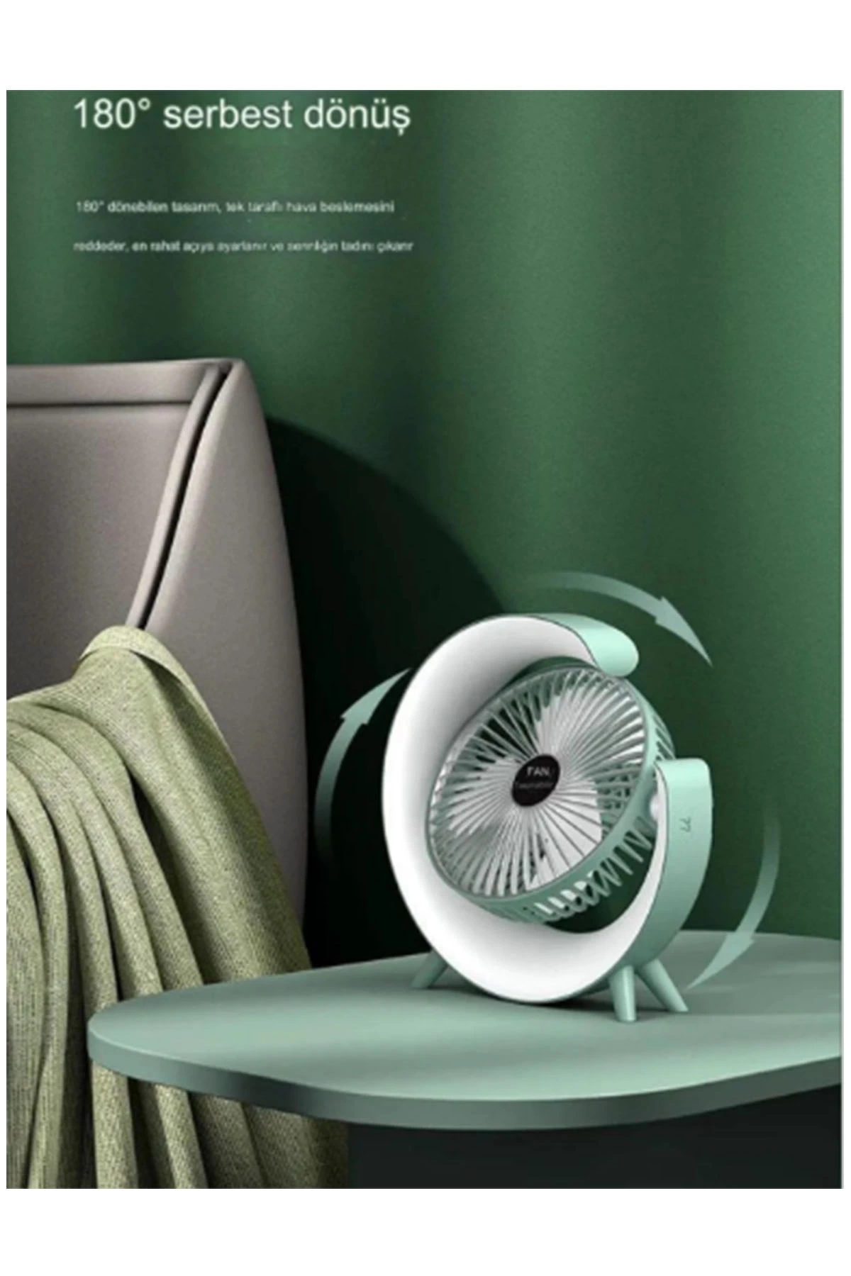 Masaüstü Vantilatör Usb Şarjlı Rgb Led Işıklı 3 Kademeli 180° Ayarlanabilir Soğutucu Fan Mavi