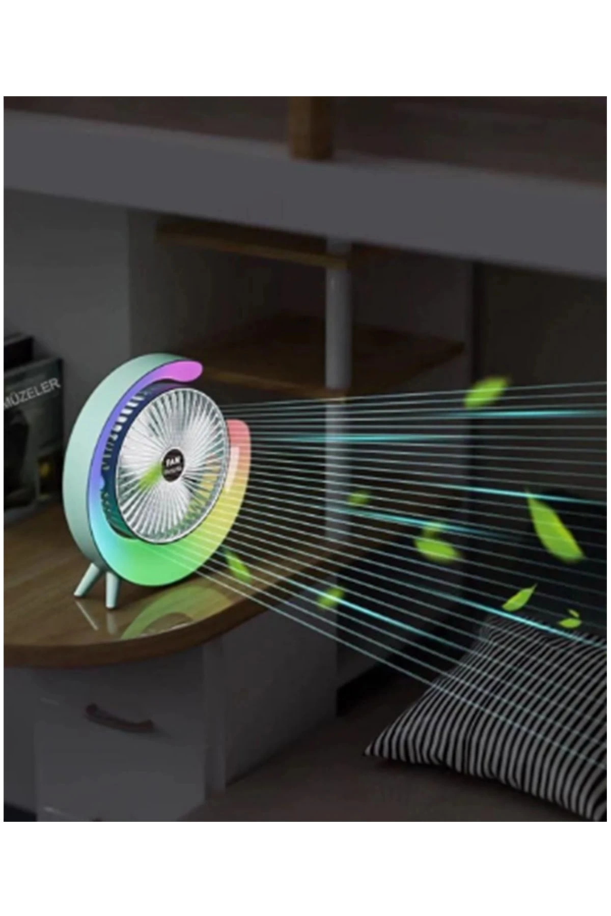 Masaüstü Vantilatör Usb Şarjlı Rgb Led Işıklı 3 Kademeli 180° Ayarlanabilir Soğutucu Fan Mavi