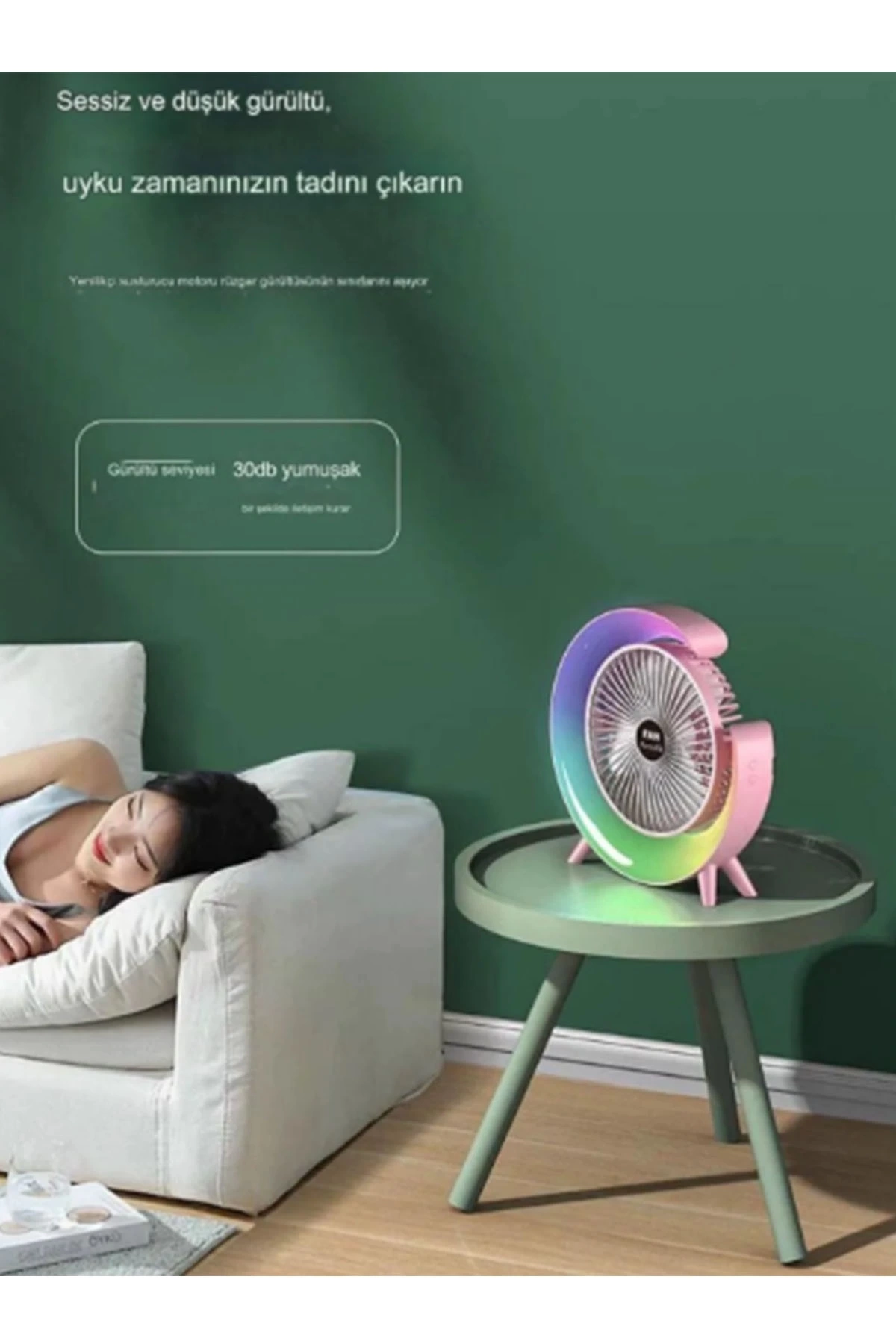 Masaüstü Vantilatör Usb Şarjlı Rgb Led Işıklı 3 Kademeli 180° Ayarlanabilir Soğutucu Fan Pembe