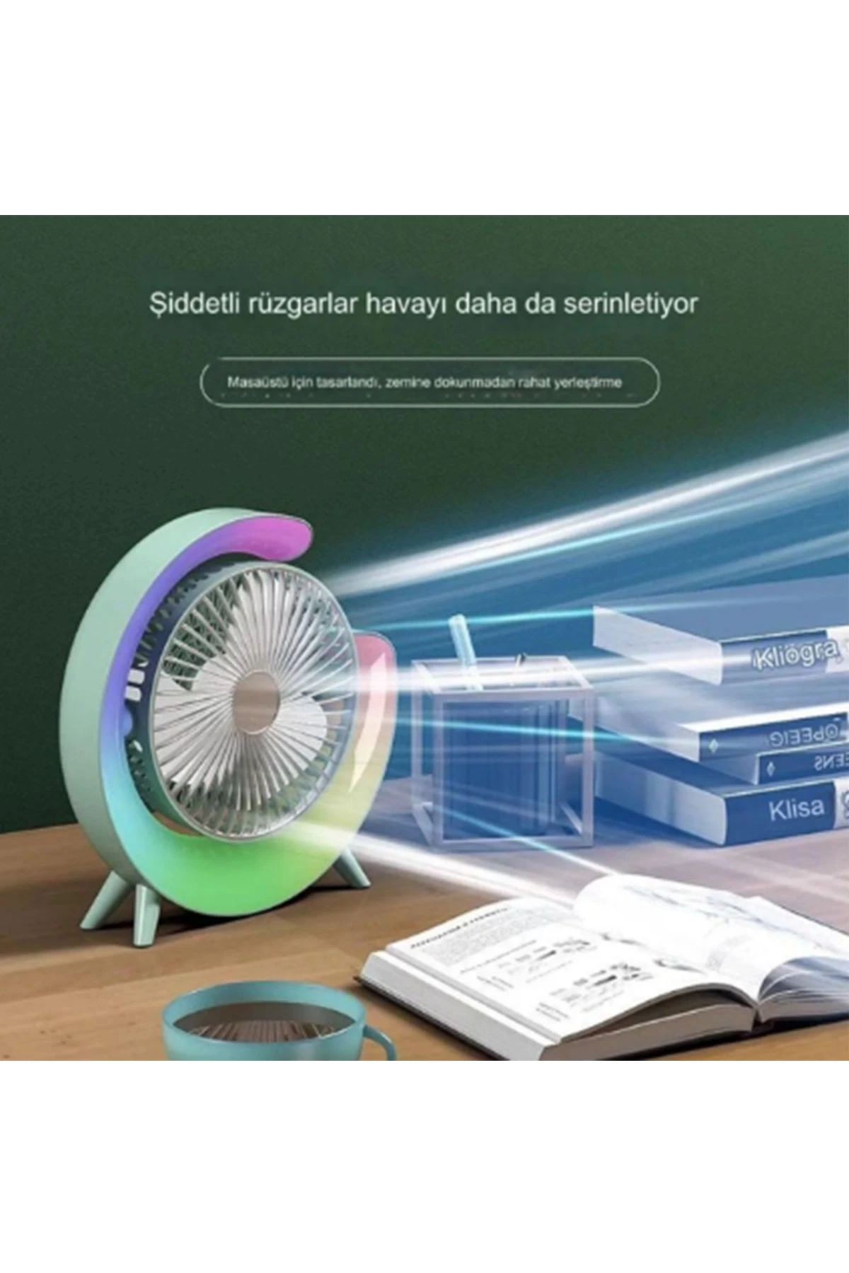 Masaüstü Vantilatör Usb Şarjlı Rgb Led Işıklı 3 Kademeli 180° Ayarlanabilir Soğutucu Fan Pembe