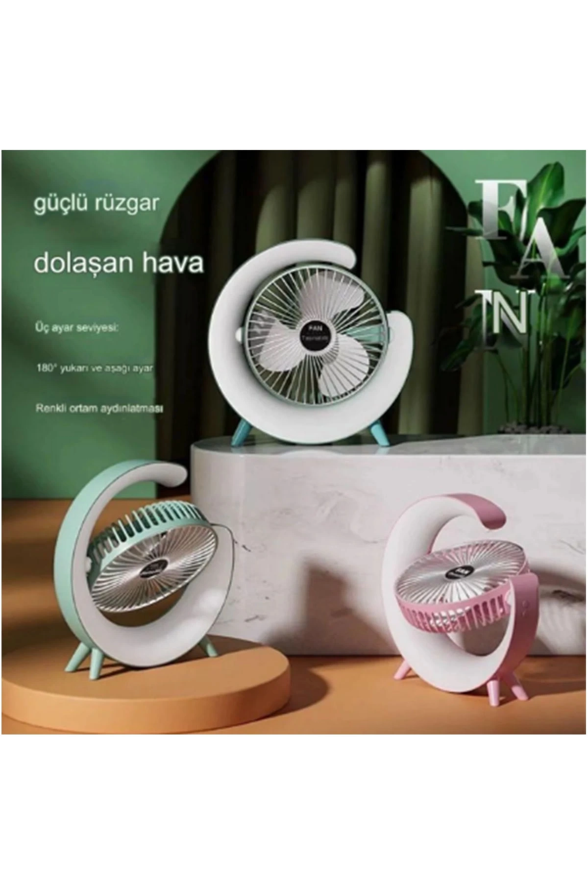 Masaüstü Vantilatör Usb Şarjlı Rgb Led Işıklı 3 Kademeli 180° Ayarlanabilir Soğutucu Fan Pembe