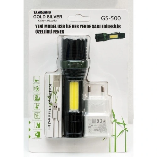 Metal El Feneri Usb Şarjlı 4 Kademeli Zoomlu Gs 500