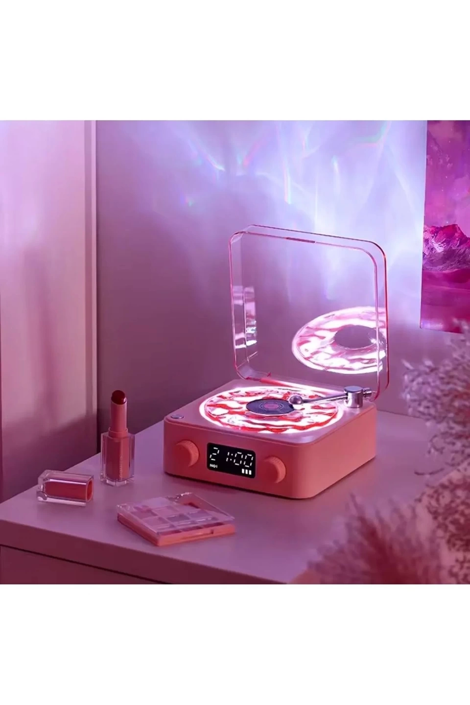 Waves Nostalji Plak Görünümlü Bluetooth Hoparlör 3d Ses Dalgası Retro Müzik Plak Pembe