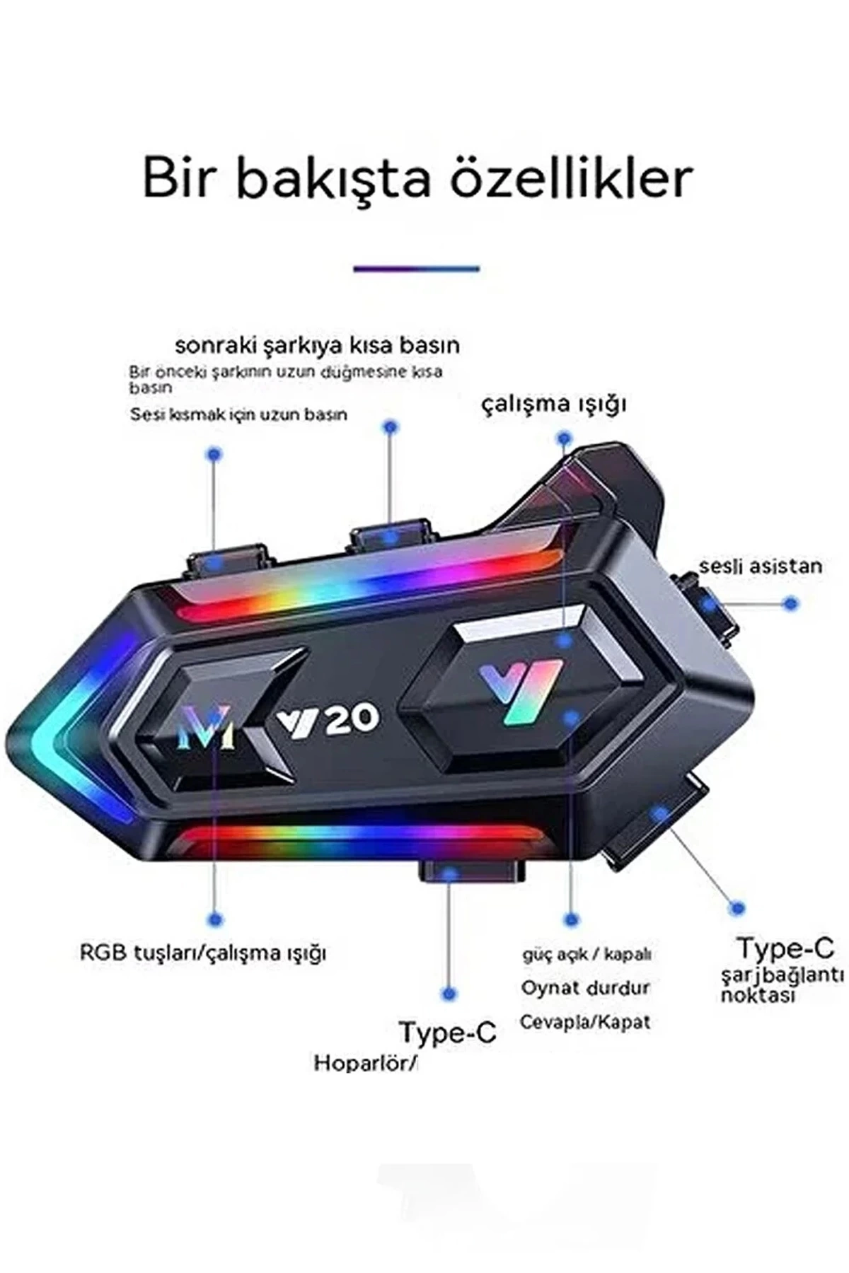 Y20 Motor Kurye Kask Kulaklık Rgb Modlu Bluetooth Motosiklet Kulaklık 5.3 Bluetooth Interkom