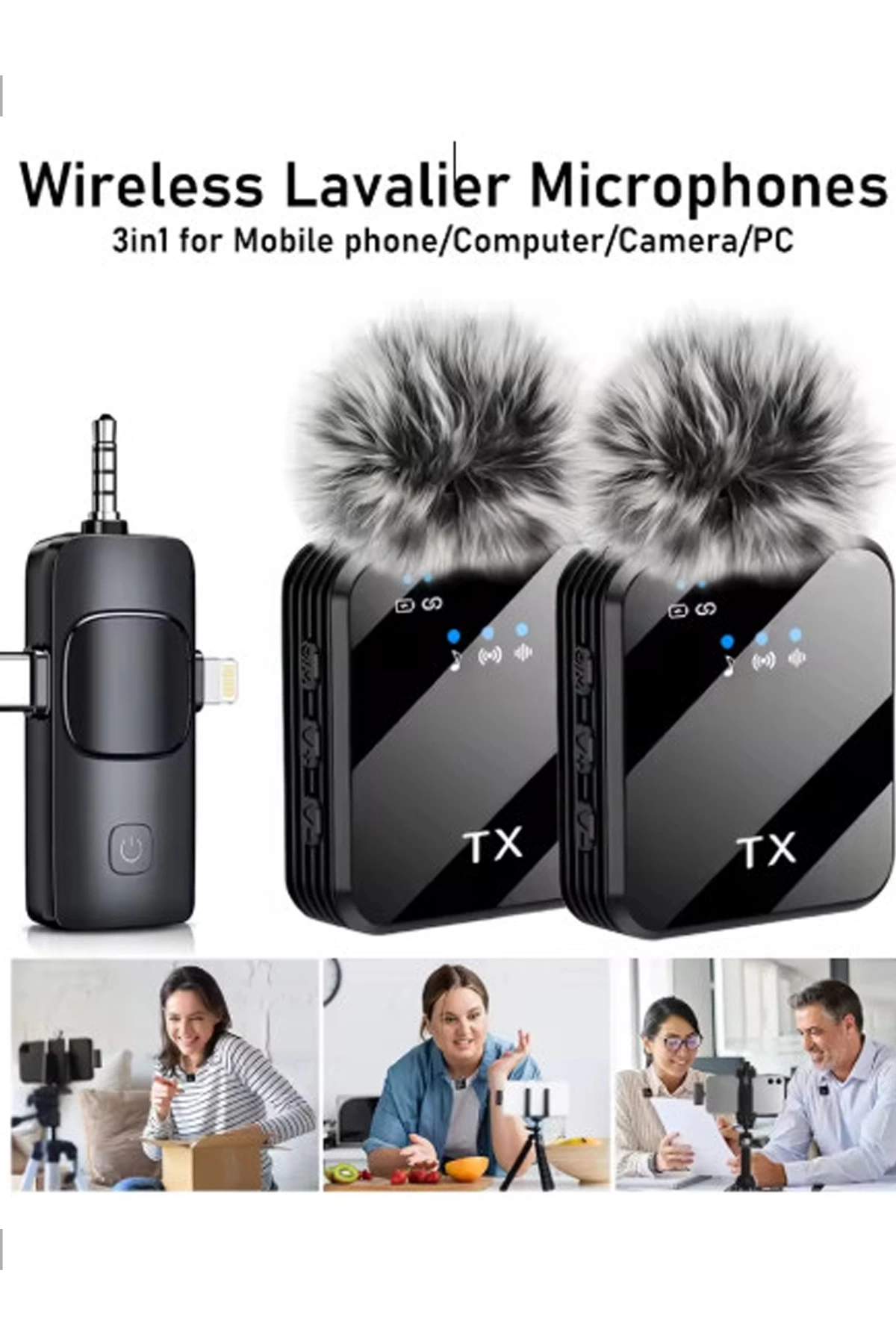 Yüksek Kalite Profesyonel 3 In 1 Kablosuz Taşınabilir Yaka Mikrofonu Tüylü